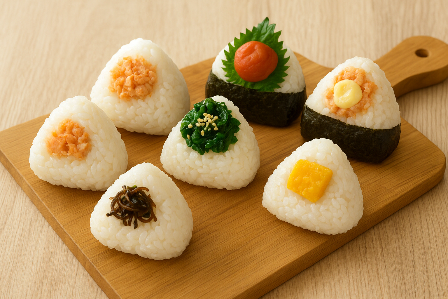 木のまな板の上に並べられた6種類のおにぎり。鮭、梅、大葉、昆布、卵など、色とりどりの具材が見える日本の伝統的な食文化を表す写真。